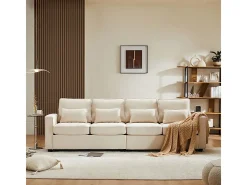 Sofá reto em linho bege - 4 lugares - com bolsos nos braços e 4 almofadas - 264x83x87cm