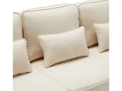 Sofá reto em linho bege - 4 lugares - com bolsos nos braços e 4 almofadas - 264x83x87cm