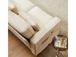 Sofá reto em linho bege - 4 lugares - com bolsos nos braços e 4 almofadas - 264x83x87cm