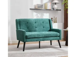 Sofá retro de 2 lugares em linho verde - Pés em madeira antiderrapantes - Ideal para sala de estar, quarto e escritório.