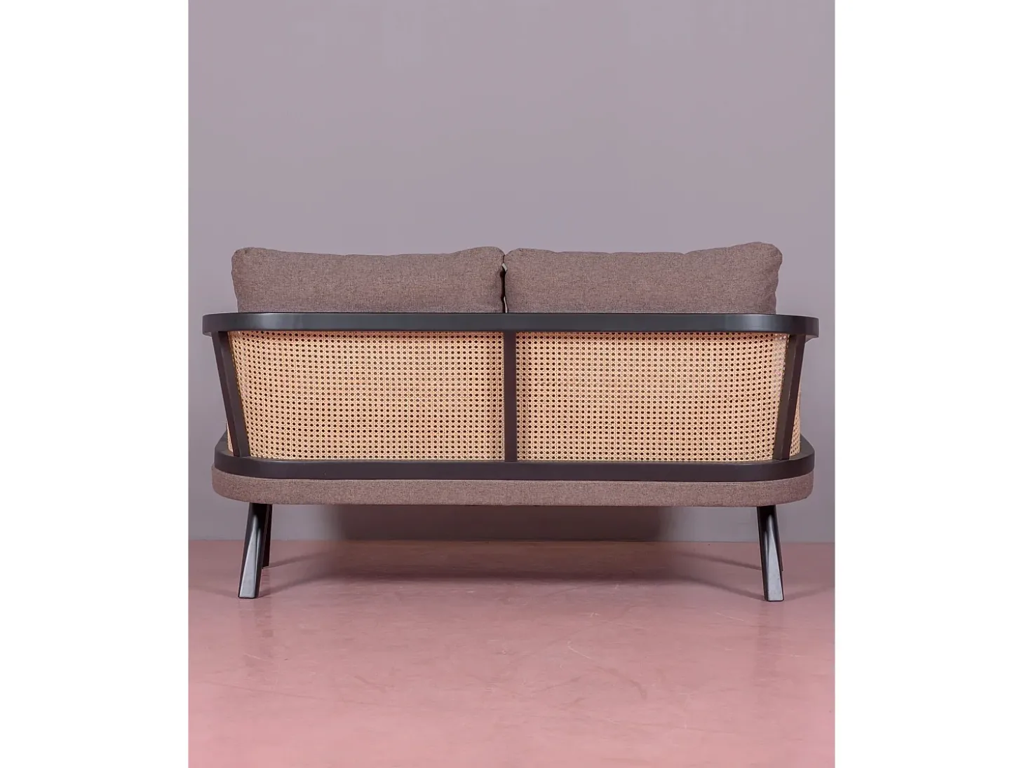 Sofá retro vintage em rotim natural e almofada de algodão - Leeds - Preto