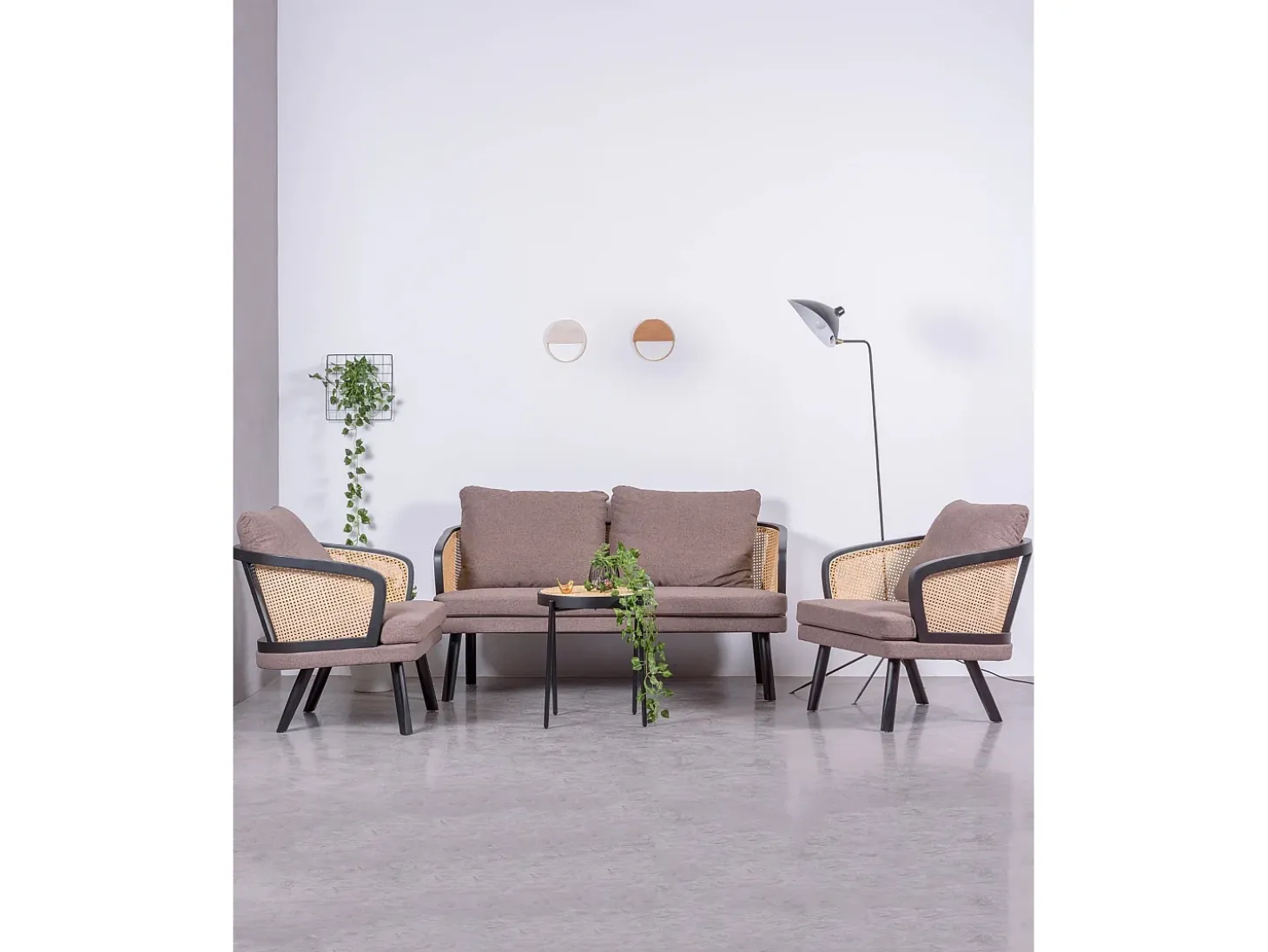 Sofá retro vintage em rotim natural e almofada de algodão - Leeds - Preto
