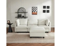 Sofá reversível de canto de 3 lugares com apoio para pés - 220 x 83 x 81 cm - Tecido de linho - Bege