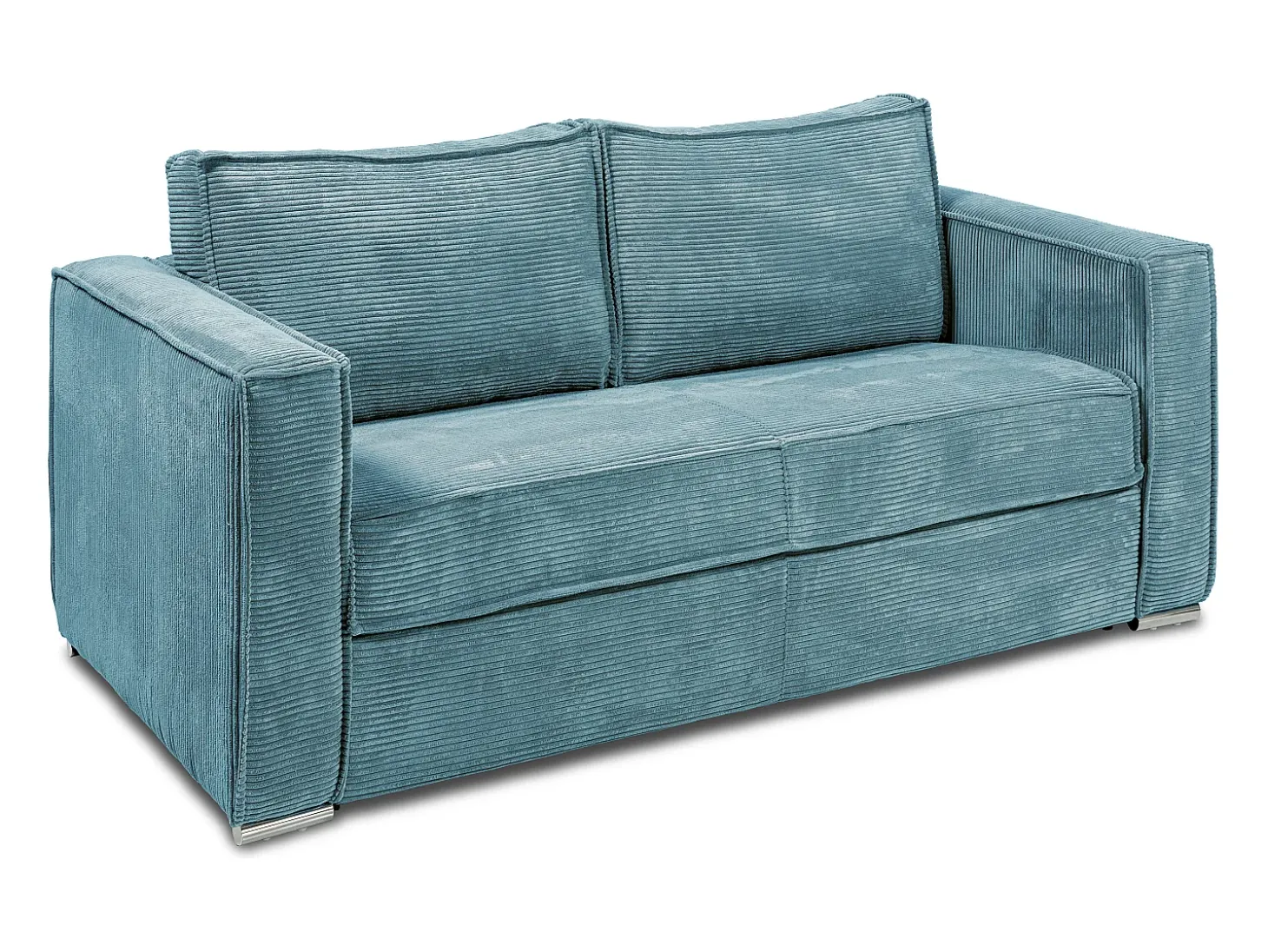 Sofá-cama 140 cm veludo canelado azul turquesa assento memória de forma ripas largas 18 cm LORETO