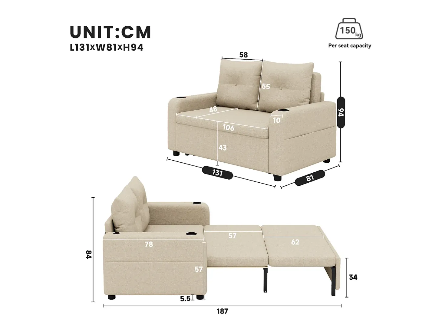Sofá-cama 2 lugares 3 em 1 - Modelo desdobrável - Porta-copos e bolso lateral - Almofada de encosto - Porta USB - algodão e linho - Bege