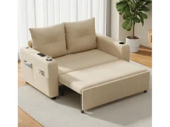 Sofá-cama 2 lugares 3 em 1 - Modelo desdobrável - Porta-copos e bolso lateral - Almofada de encosto - Porta USB - algodão e linho - Bege