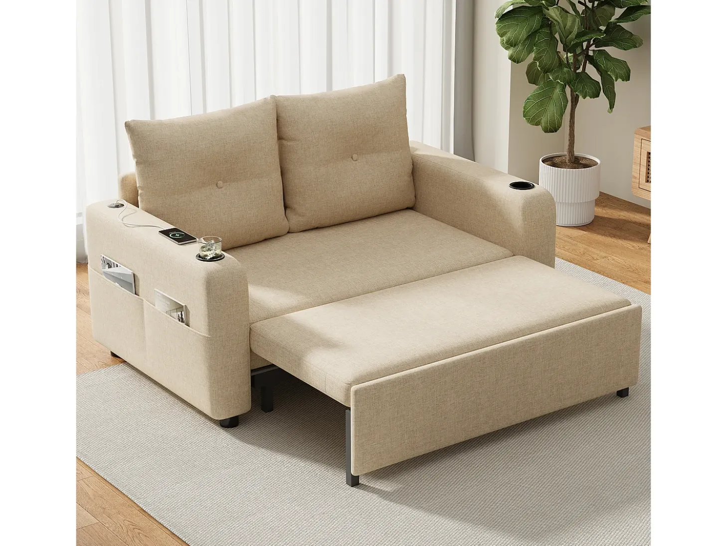Sofá-cama 2 lugares 3 em 1 - Modelo desdobrável - Porta-copos e bolso lateral - Almofada de encosto - Porta USB - algodão e linho - Bege