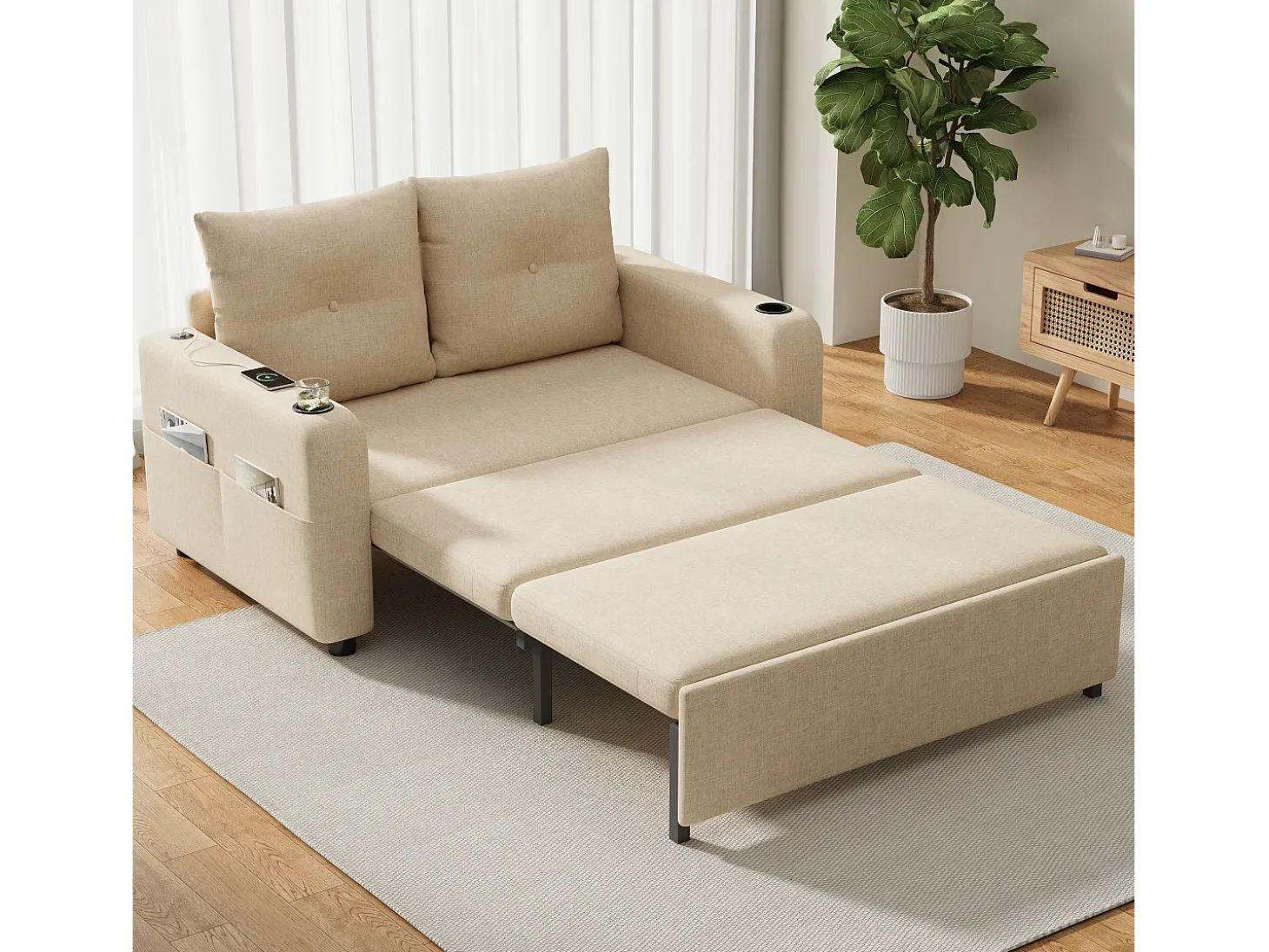 Sofá-cama 2 lugares 3 em 1 - Modelo desdobrável - Porta-copos e bolso lateral - Almofada de encosto - Porta USB - algodão e linho - Bege
