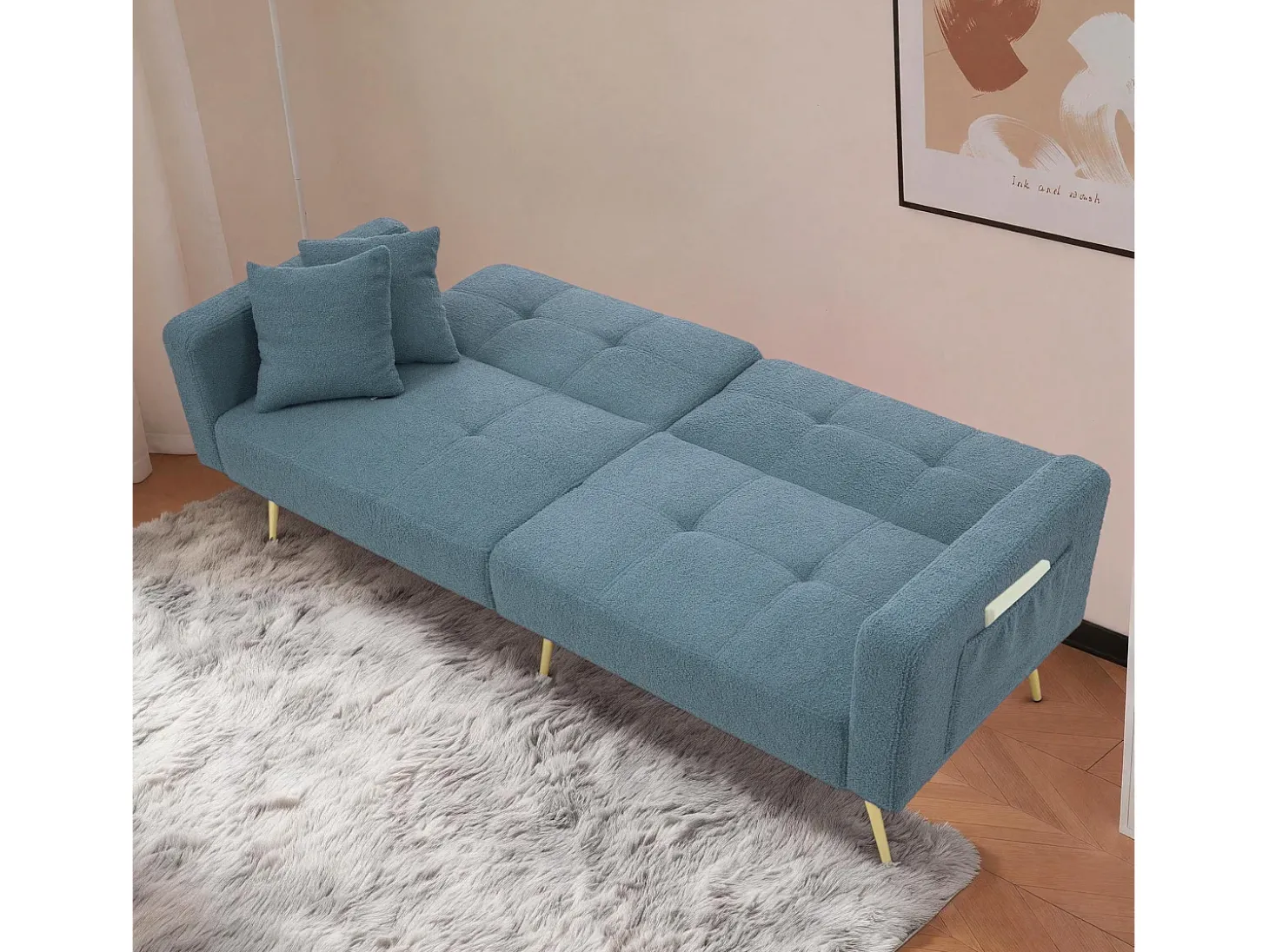 Sofá-cama 2 lugares - ângulo ajustável - con almofadas e bolsos de armazenamento laterais - azul antigo
