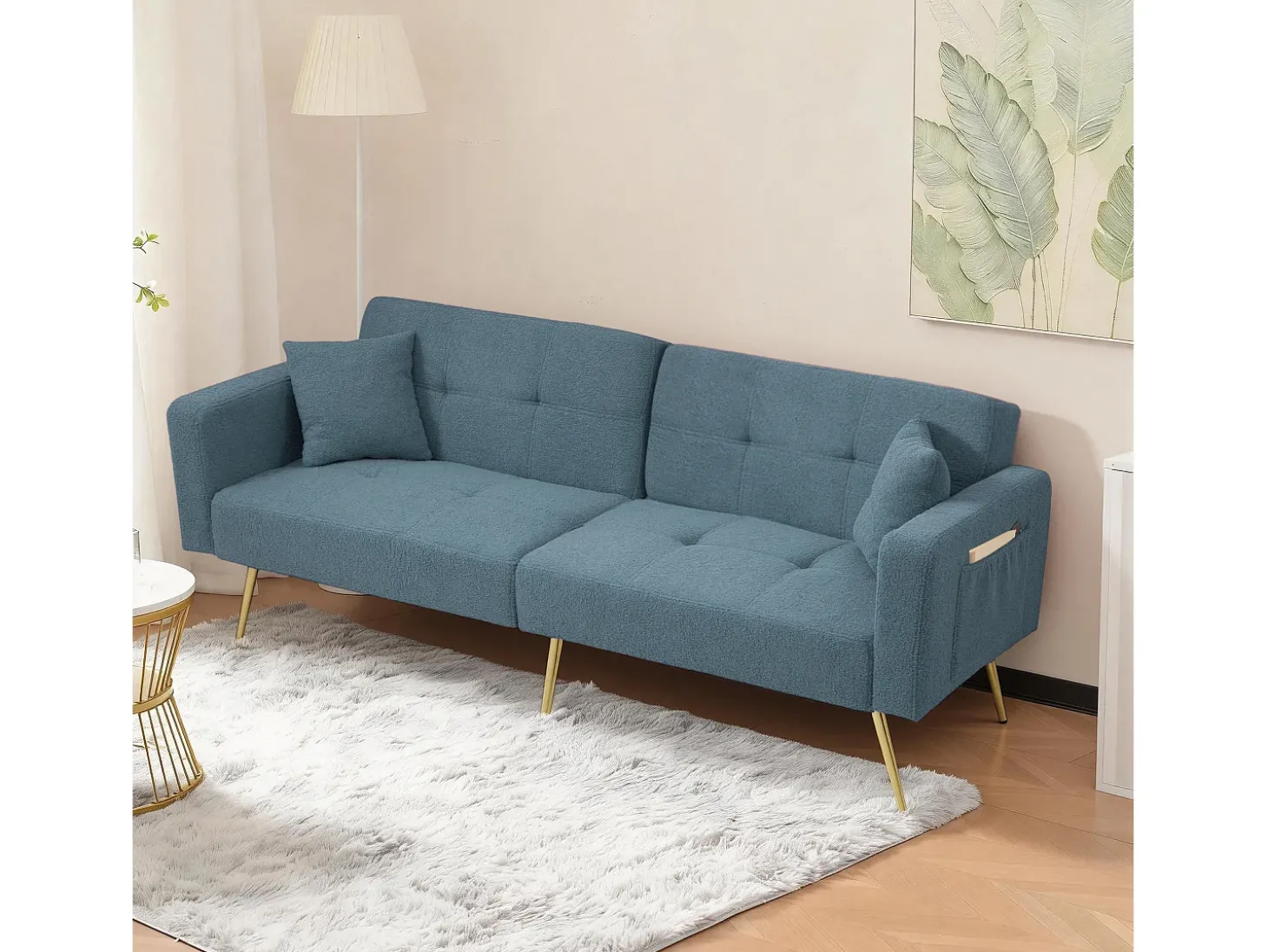 Sofá-cama 2 lugares - ângulo ajustável - con almofadas e bolsos de armazenamento laterais - azul antigo