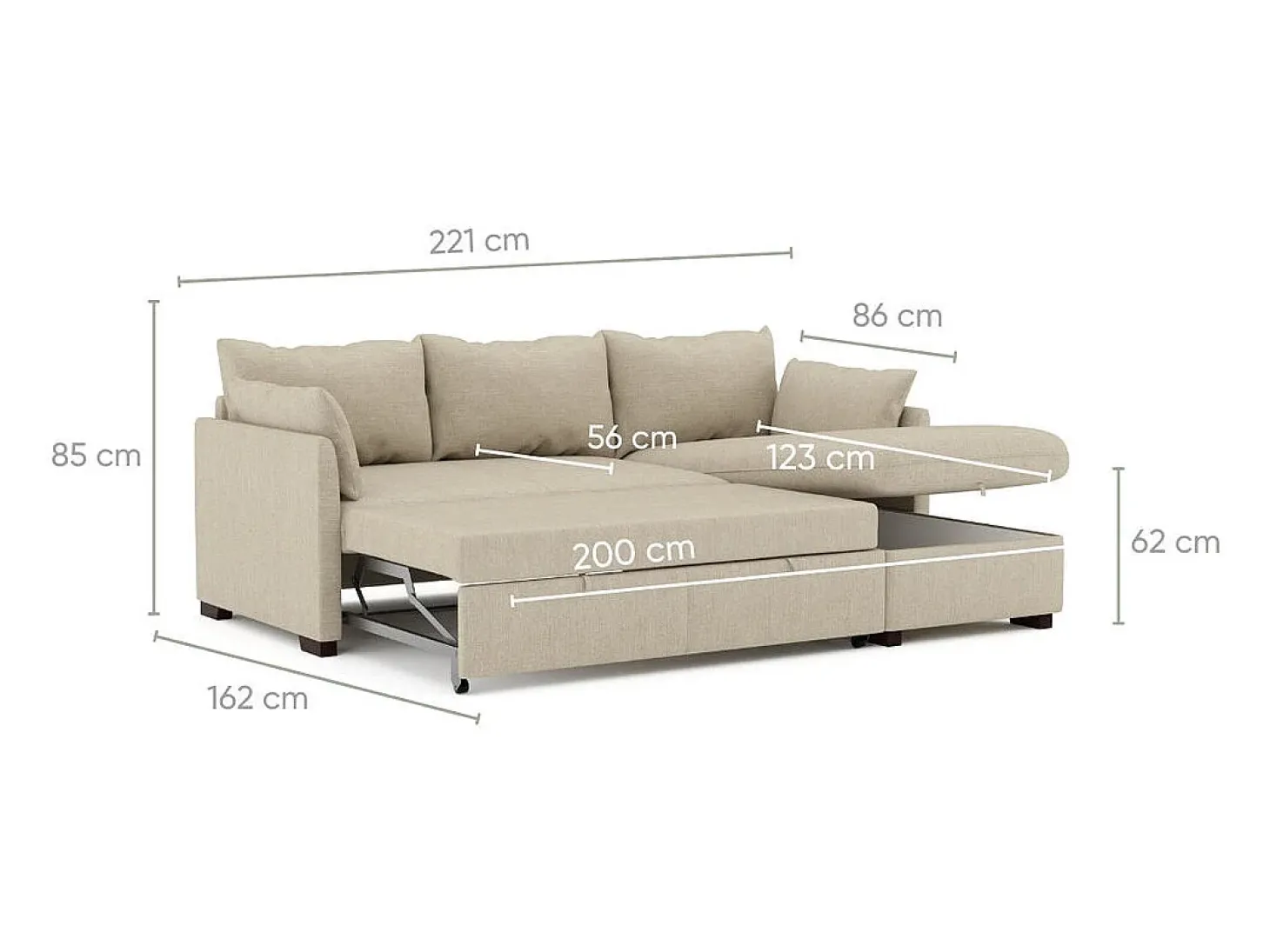Sofá-cama 3 lugares Bege - chaise longue reversível lado direito/esquerdoche com arrumação integrada (221 x 162 x 85 cm) - ORLANDO