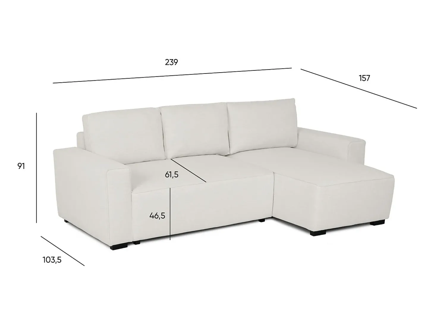 Sofá-cama 3 lugares Bege - chaise longue reversível lado direito/esquerdoche com arrumação integrada (239 x 157 x 91 cm) - JADE