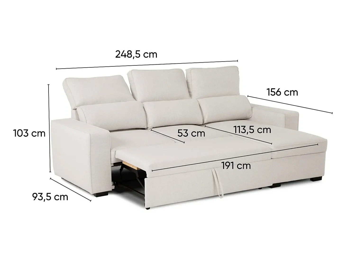 Sofá-cama 3 lugares Bege - chaise longue reversível lado direito/esquerdoche com arrumação integrada (248,5 x 117 x 103 cm) - HARPER