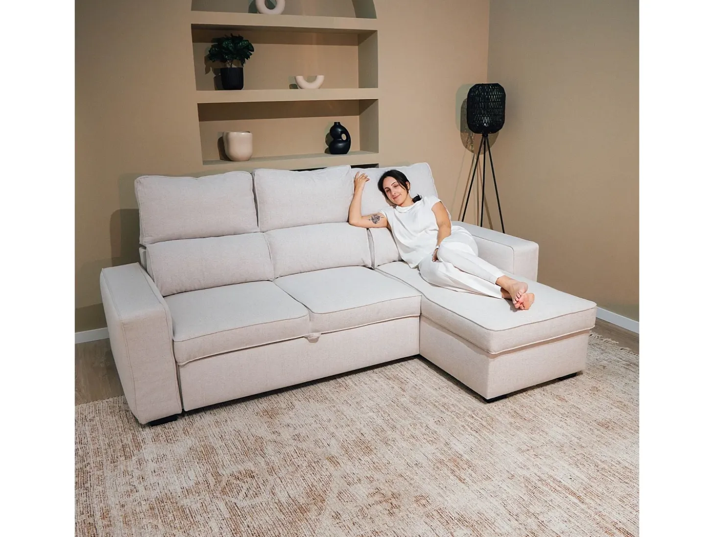 Sofá-cama 3 lugares Bege - chaise longue reversível lado direito/esquerdoche com arrumação integrada (248,5 x 117 x 103 cm) - HARPER