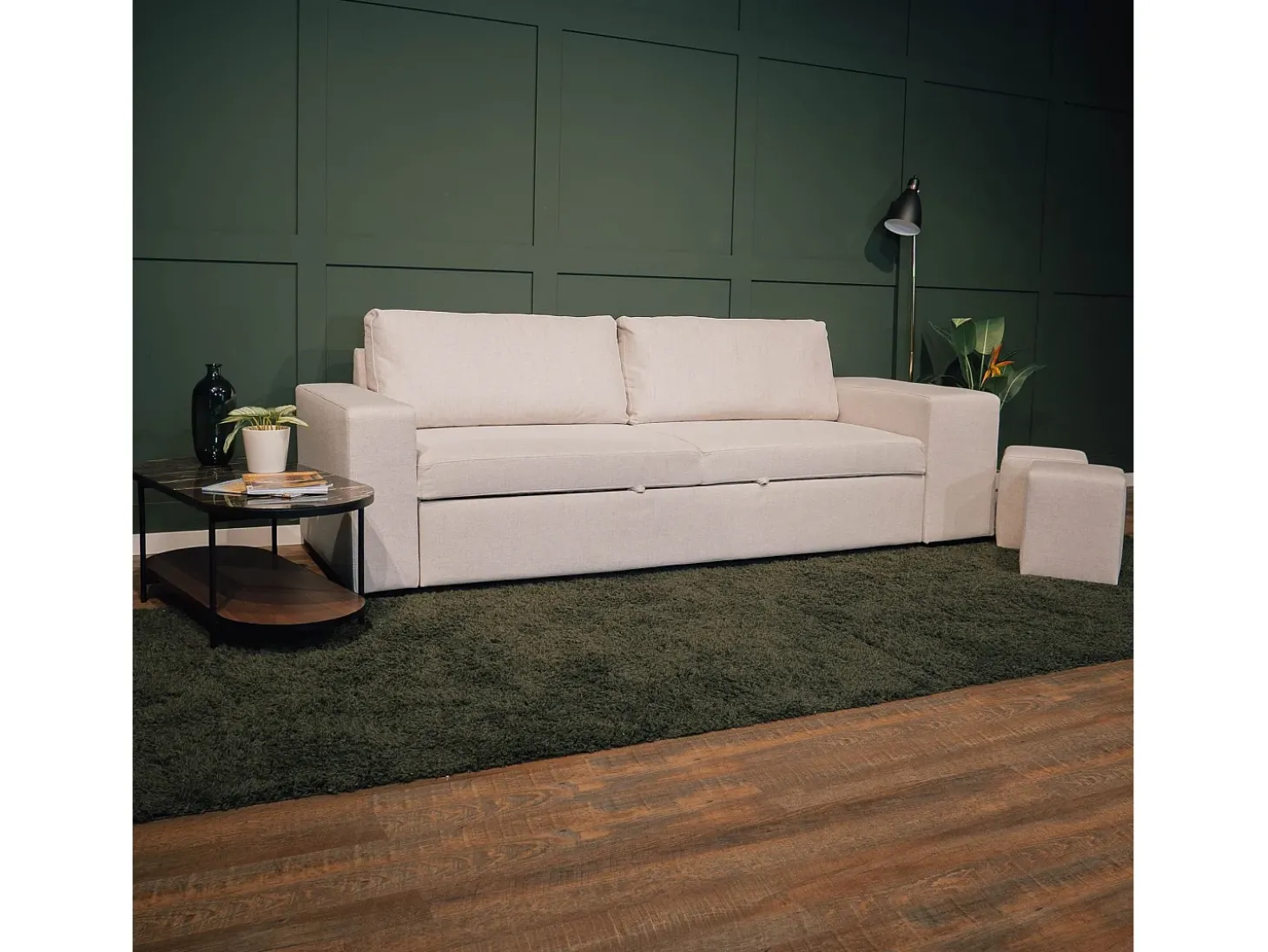 Sofá-cama 3 lugares Bege chaise longue reversível lado direito/esquerdoche com 2 pufes (248 x 117 x 90 cm) - AVERY