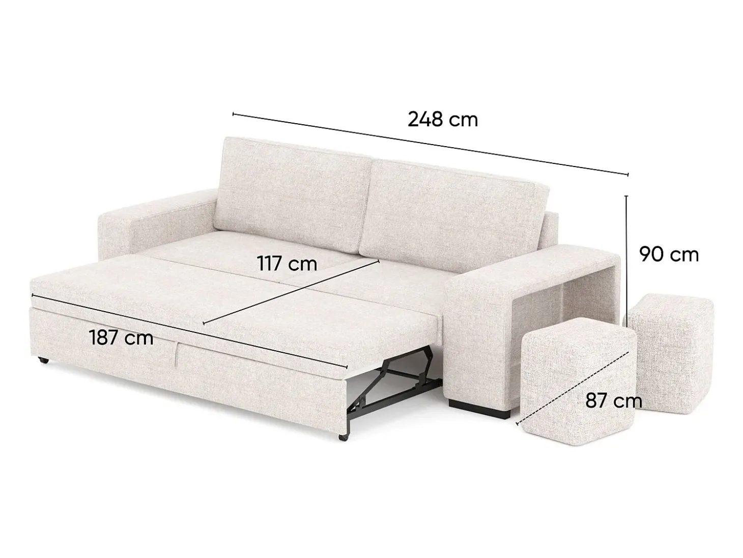 Sofá-cama 3 lugares Bege chaise longue reversível lado direito/esquerdoche com 2 pufes (248 x 117 x 90 cm) - AVERY