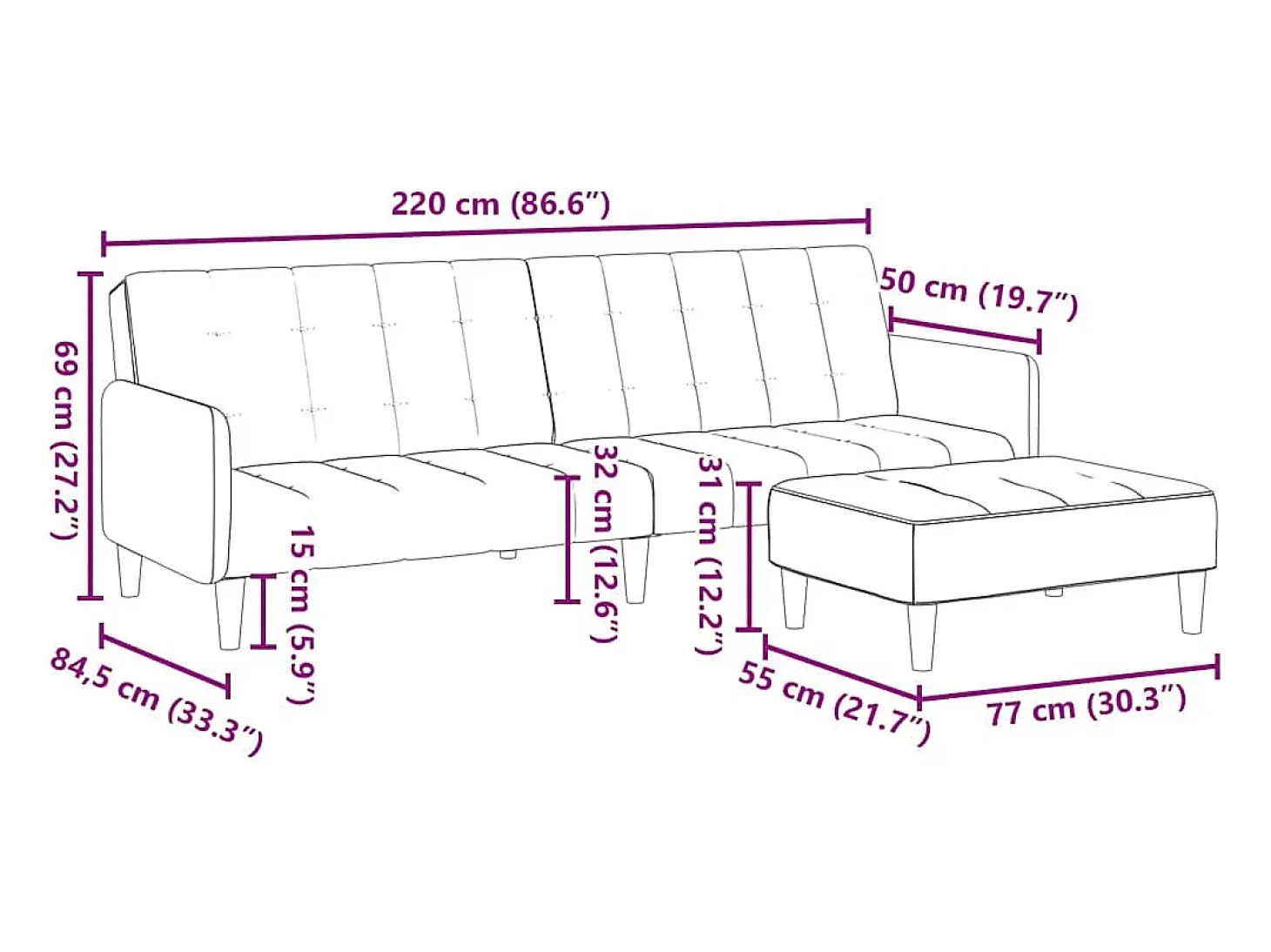 Sofá-cama 2 lugares c/ apoio de pés veludo amarelo