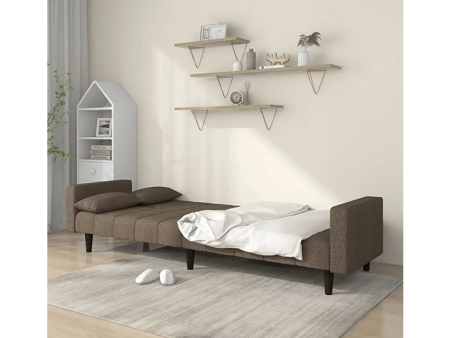 Sofá-cama 2 lugares c/ duas almofadas tecido cinza-acastanhado PT142568
