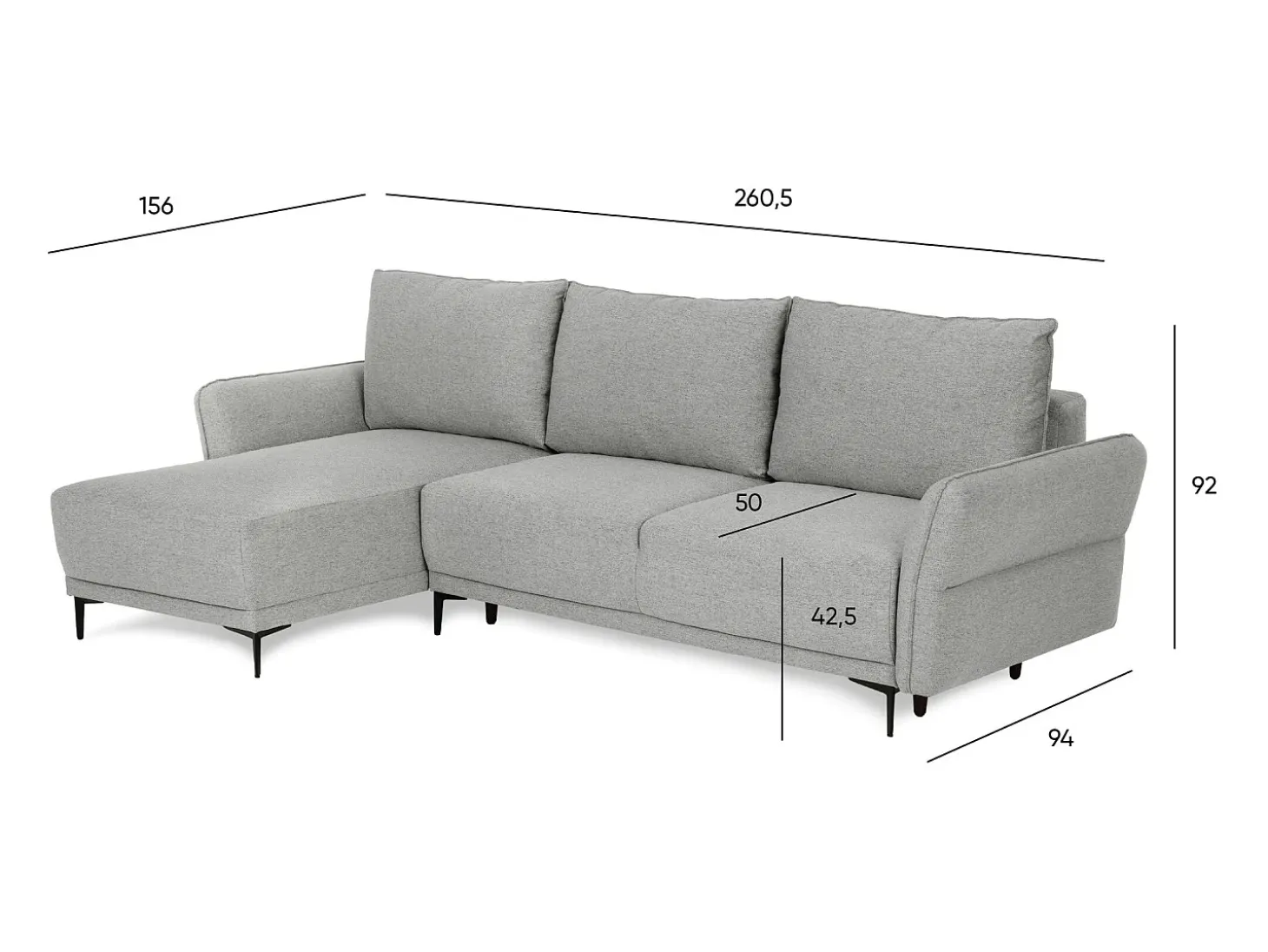 Sofá-cama 3 lugares Cinzento Tempestade + chaise longue reversível lado direito/esquerdoche (260,5 x 156 x 92 cm) - TOBY