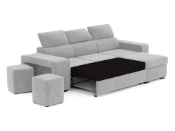 Sofá-cama 3 lugares Cinzento Claro avec chaise longue reversível lado direito/esquerdoche - cabeceiras ajustáveis - 2 Poufs (263 x 127 x 96 cm) - JOHN