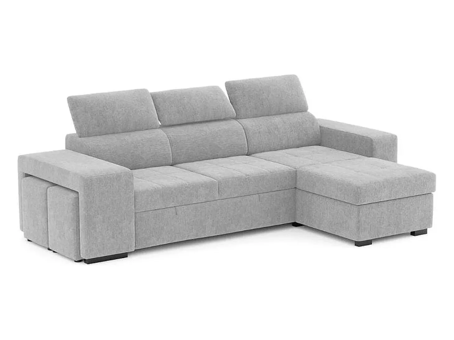 Sofá-cama 3 lugares Cinzento Claro avec chaise longue reversível lado direito/esquerdoche - cabeceiras ajustáveis - 2 Poufs (263 x 127 x 96 cm) - JOHN