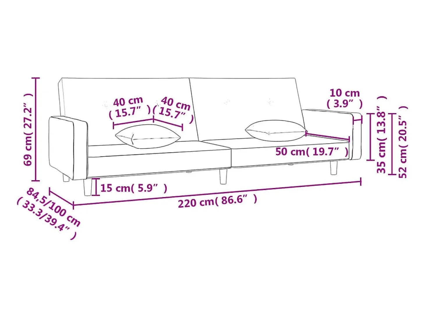 Sofá-cama 2 lugares com duas almofadas tecido cinzento-escuro