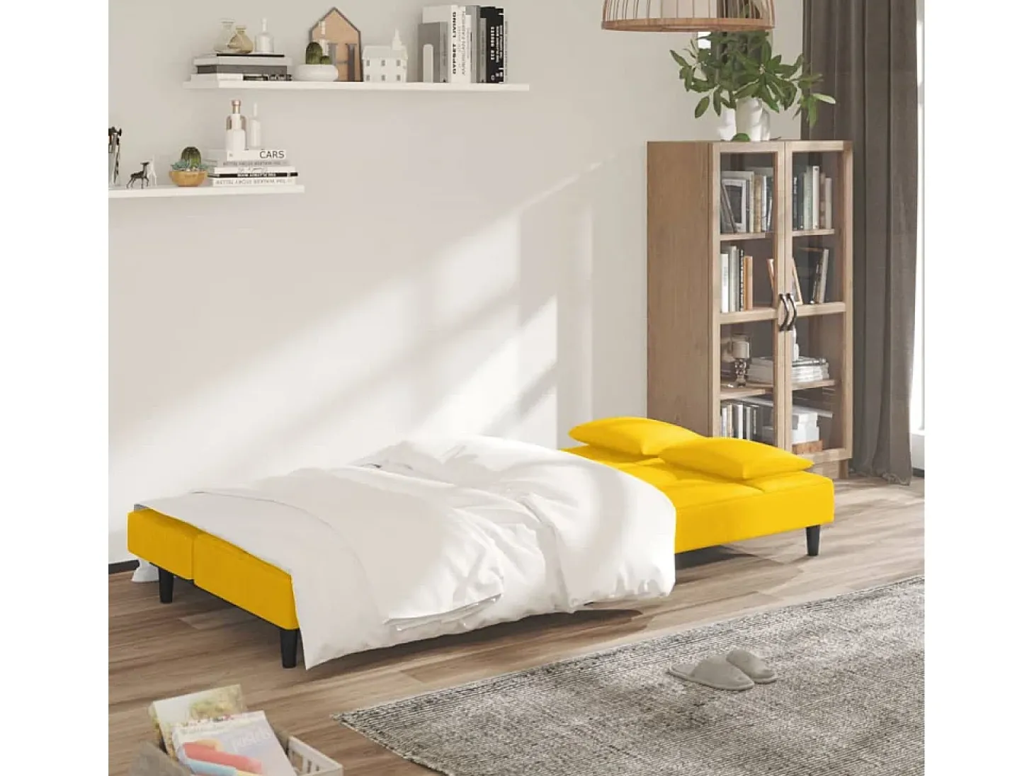Sofá-cama 2 lugares com duas almofadas veludo amarelo PT390677