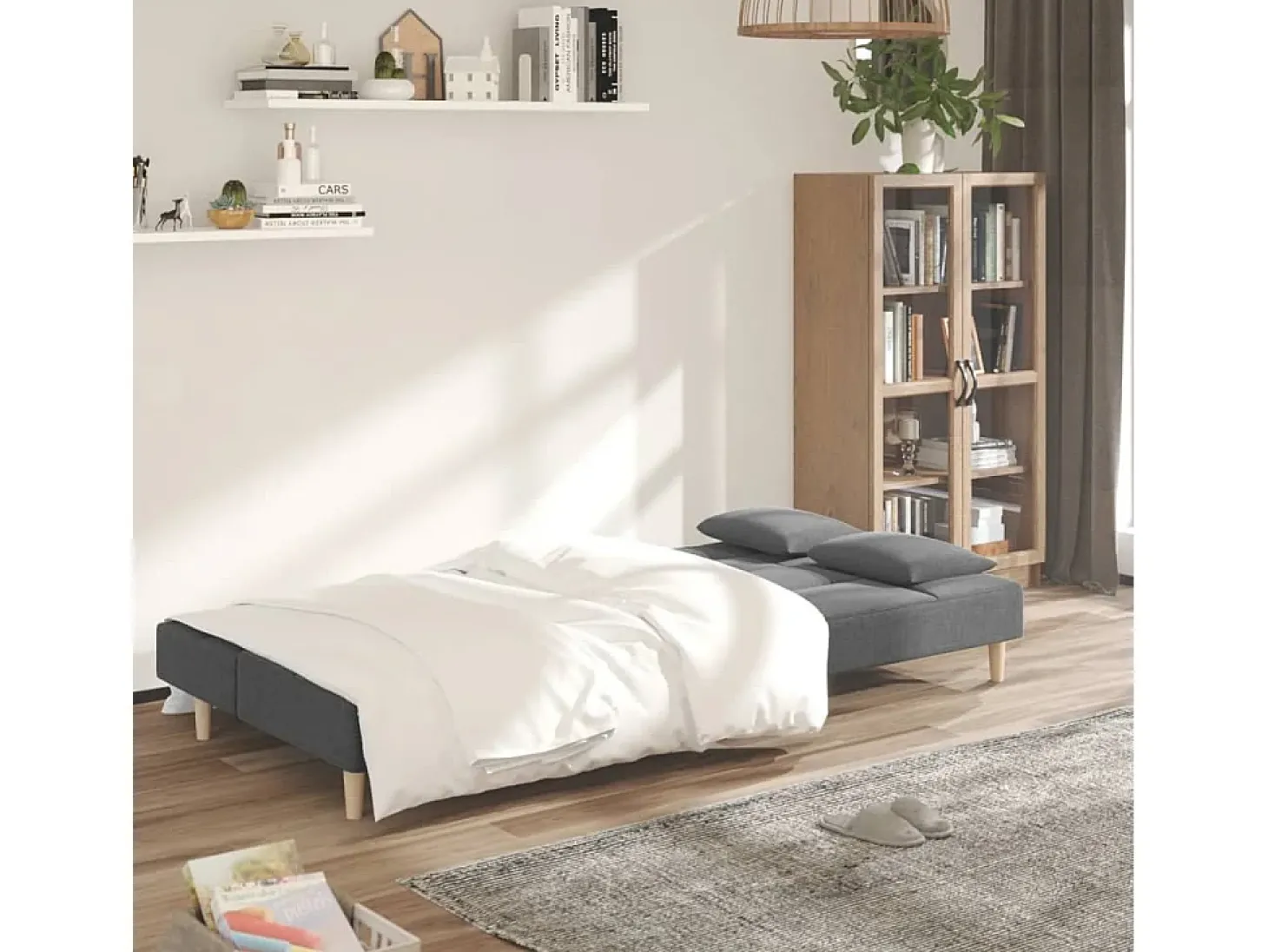 Sofá-cama 2 lugares com duas almofadas tecido cinzento-claro PT892082
