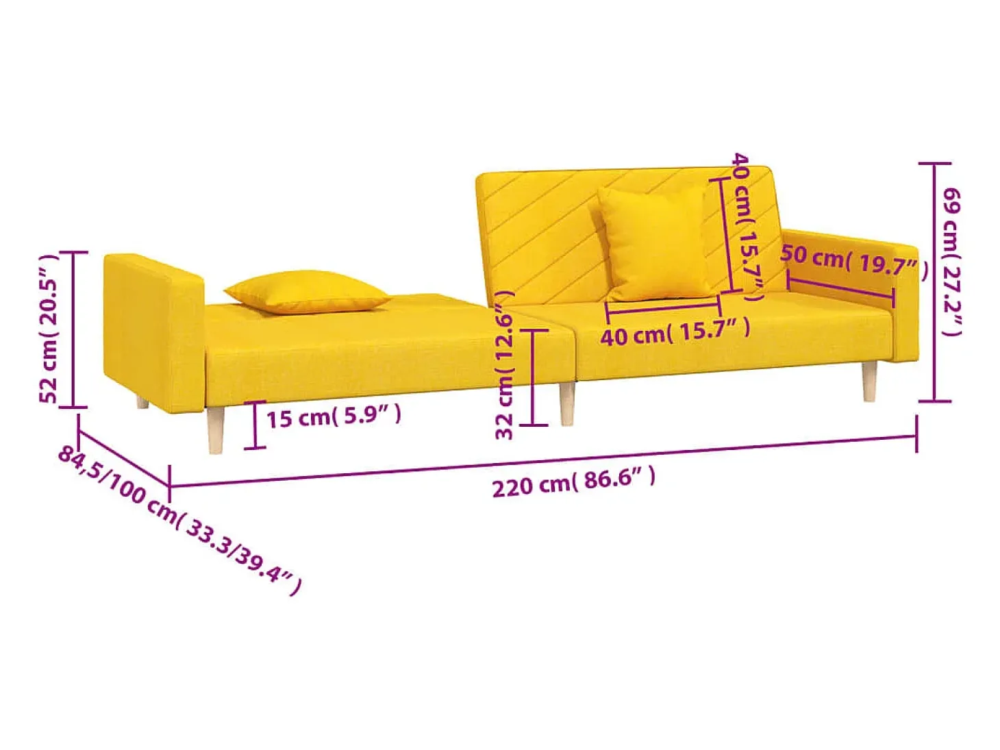 Sofá-cama 2 lugares com duas almofadas tecido amarelo