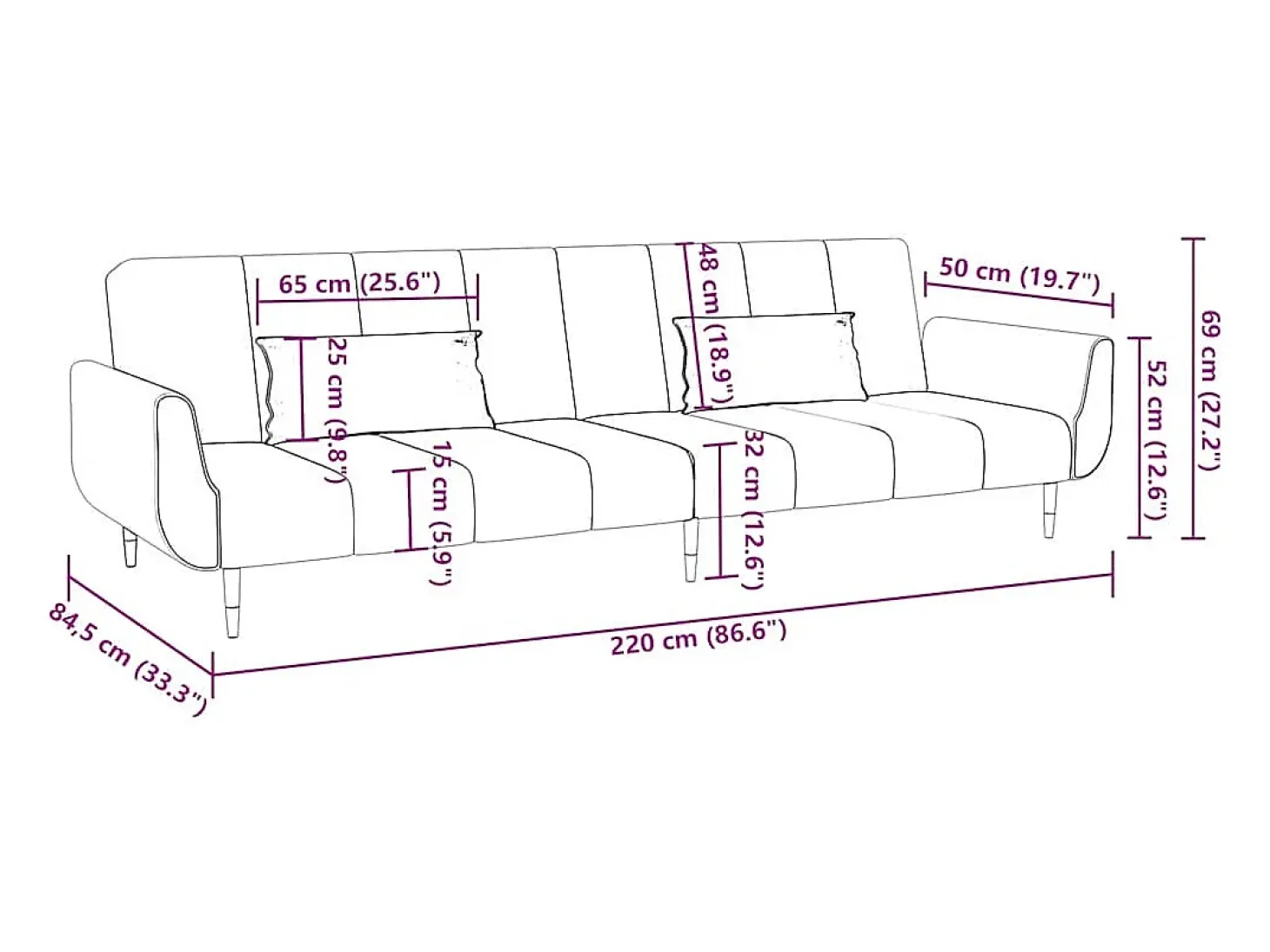 Sofá-cama 2 lugares com duas almofadas veludo cor creme