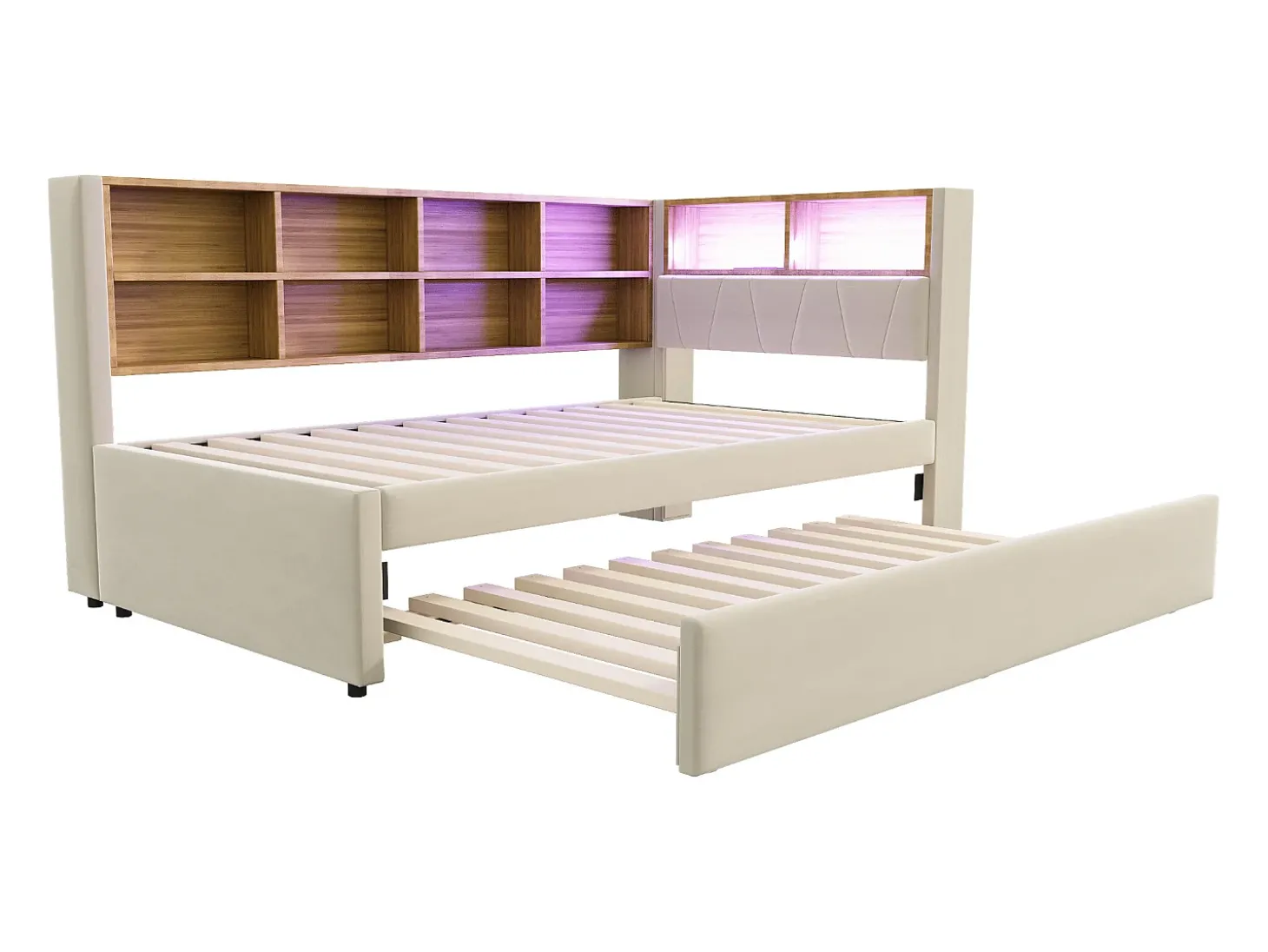 Sofá-cama 90 x 200 cm, com iluminação LED, tomadas elétricas e diversos compartimentos de arrumação, bege.