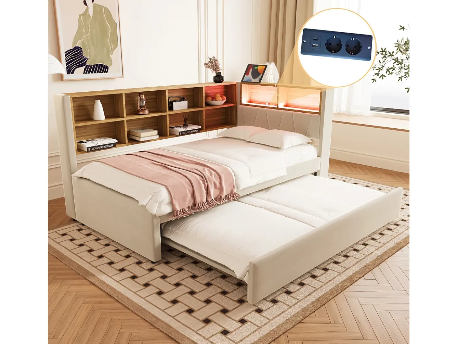 Sofá-cama 90 x 200 cm, com iluminação LED, tomadas elétricas e diversos compartimentos de arrumação, bege.