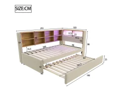Sofá-cama 90 x 200 cm, com iluminação LED, tomadas elétricas e diversos compartimentos de arrumação, bege.