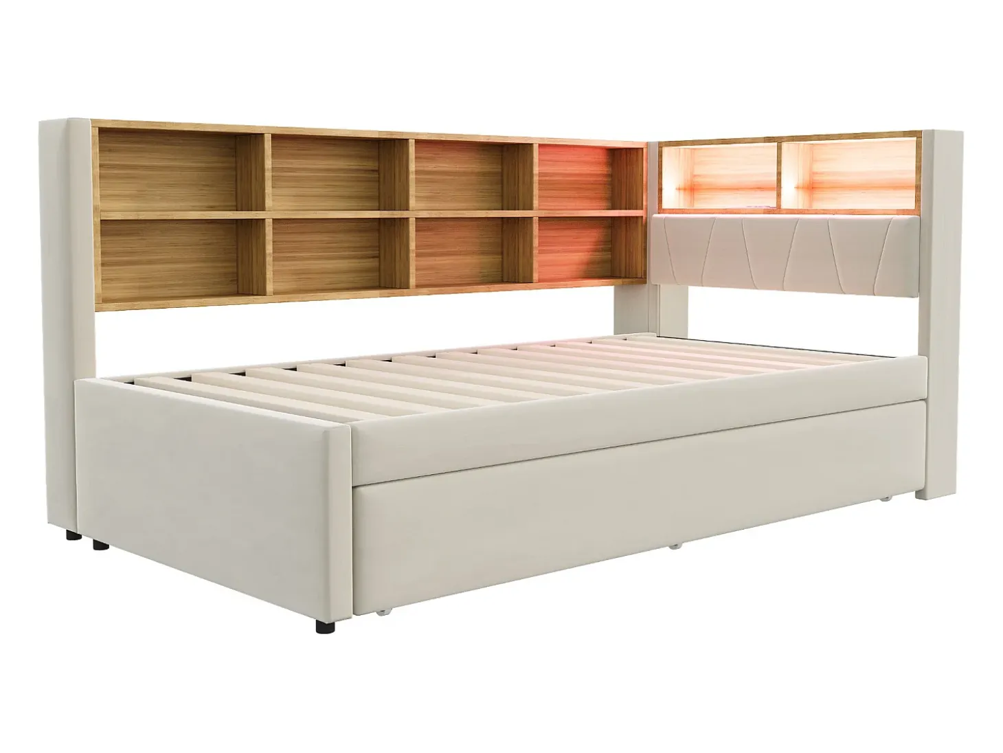 Sofá-cama 90 x 200 cm, com iluminação LED, tomadas elétricas e diversos compartimentos de arrumação, bege.