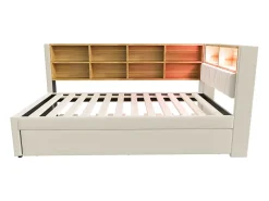 Sofá-cama 90 x 200 cm, com iluminação LED, tomadas elétricas e diversos compartimentos de arrumação, bege.