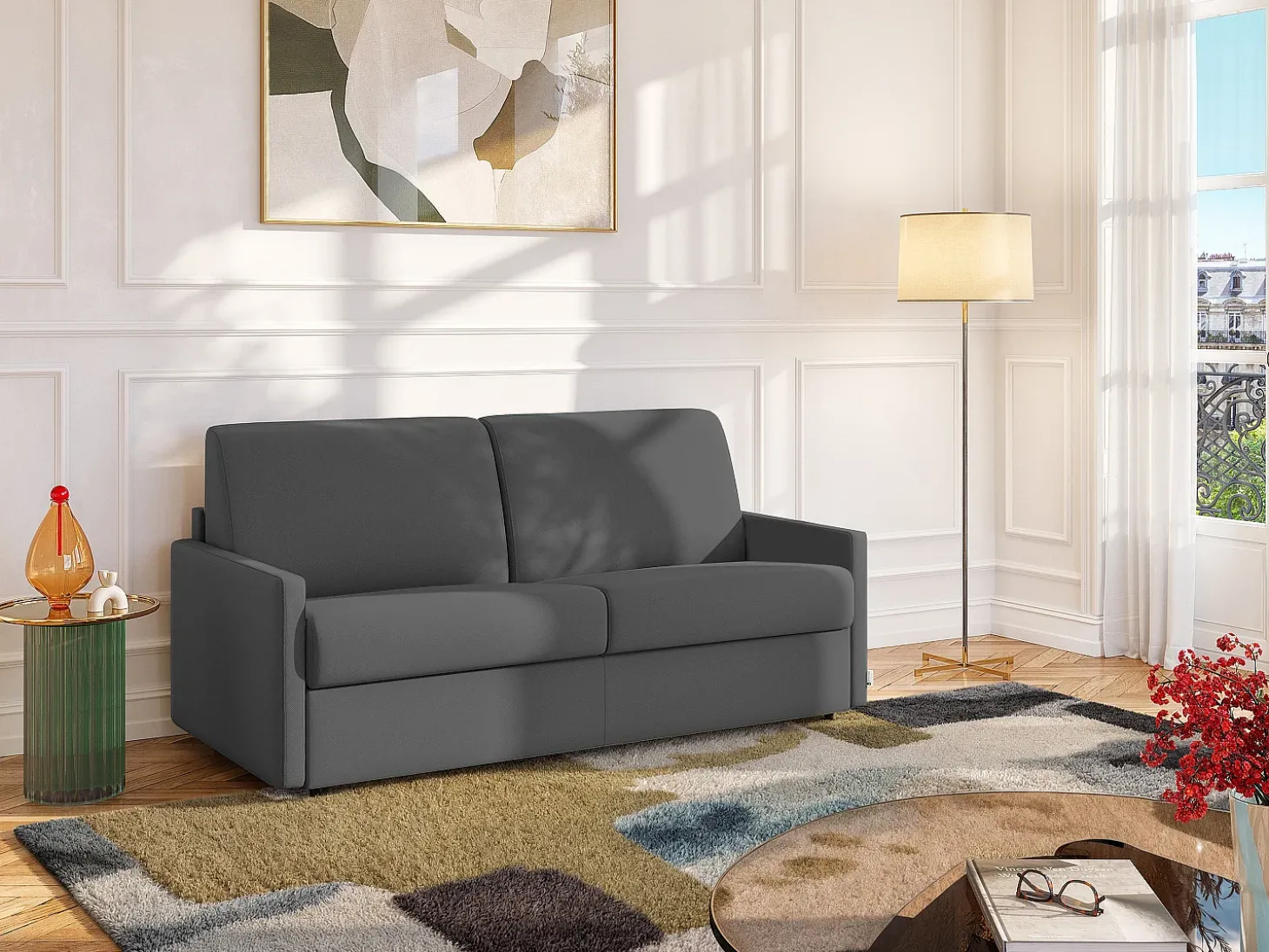 Sofá-cama abertura rápida em tecido cinzento assento com assento de memória de forma 140 cm colchão 18 cm CALIFE