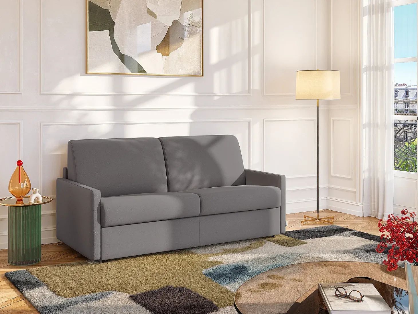 Sofá-cama abertura rápida em tecido cinza claro assento com assento de memória de forma 120 cm colchão 18 cm CALIFE