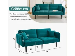 Sofá-cama ajustável 2 em 1 - 176 x 78 x 76 cm - 2 lugares - com braços dobráveis - Veludo - Verde