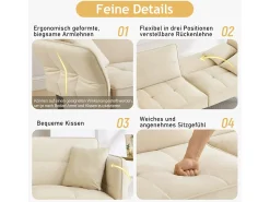 Sofá-cama ajustável 2 em 1 - 176 x 78 x 76 cm - 2 lugares - com braços dobráveis - Veludo - Bege