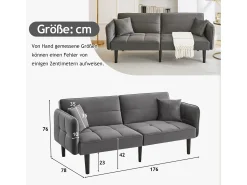 Sofá-cama ajustável 2 em 1 - 176 x 78 x 76 cm - 2 lugares - com braços dobráveis - Veludo - Cinza