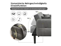 Sofá-cama ajustável 2 em 1 - 176 x 78 x 76 cm - 2 lugares - com braços dobráveis - Veludo - Cinza