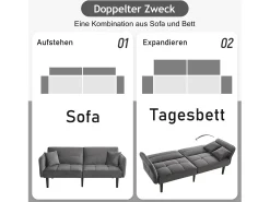 Sofá-cama ajustável 2 em 1 - 176 x 78 x 76 cm - 2 lugares - com braços dobráveis - Veludo - Cinza