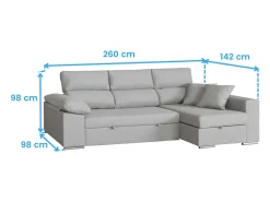 Sofá-cama com chaise longue à direita, 3 lugares, Milano cinza, 260x98x98cm