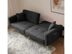 Sofá-cama com função de cama, ângulo regulável, pés dourados, com almofadas e bolsas de arrumação laterais
