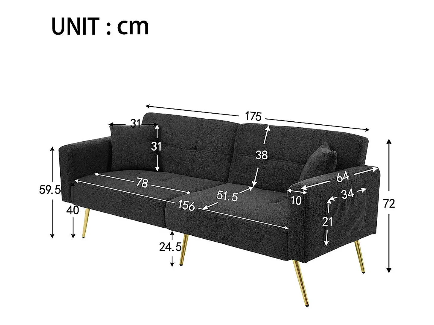 Sofá-cama com função de cama, ângulo regulável, pés dourados, com almofadas e bolsas de arrumação laterais