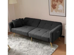 Sofá-cama com função de cama, ângulo regulável, pés dourados, com almofadas e bolsas de arrumação laterais