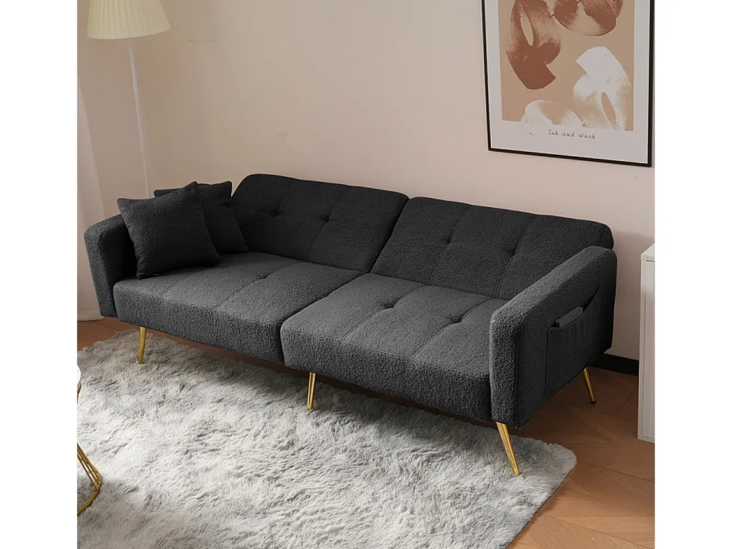 Sofá-cama com função de cama, ângulo regulável, pés dourados, com almofadas e bolsas de arrumação laterais