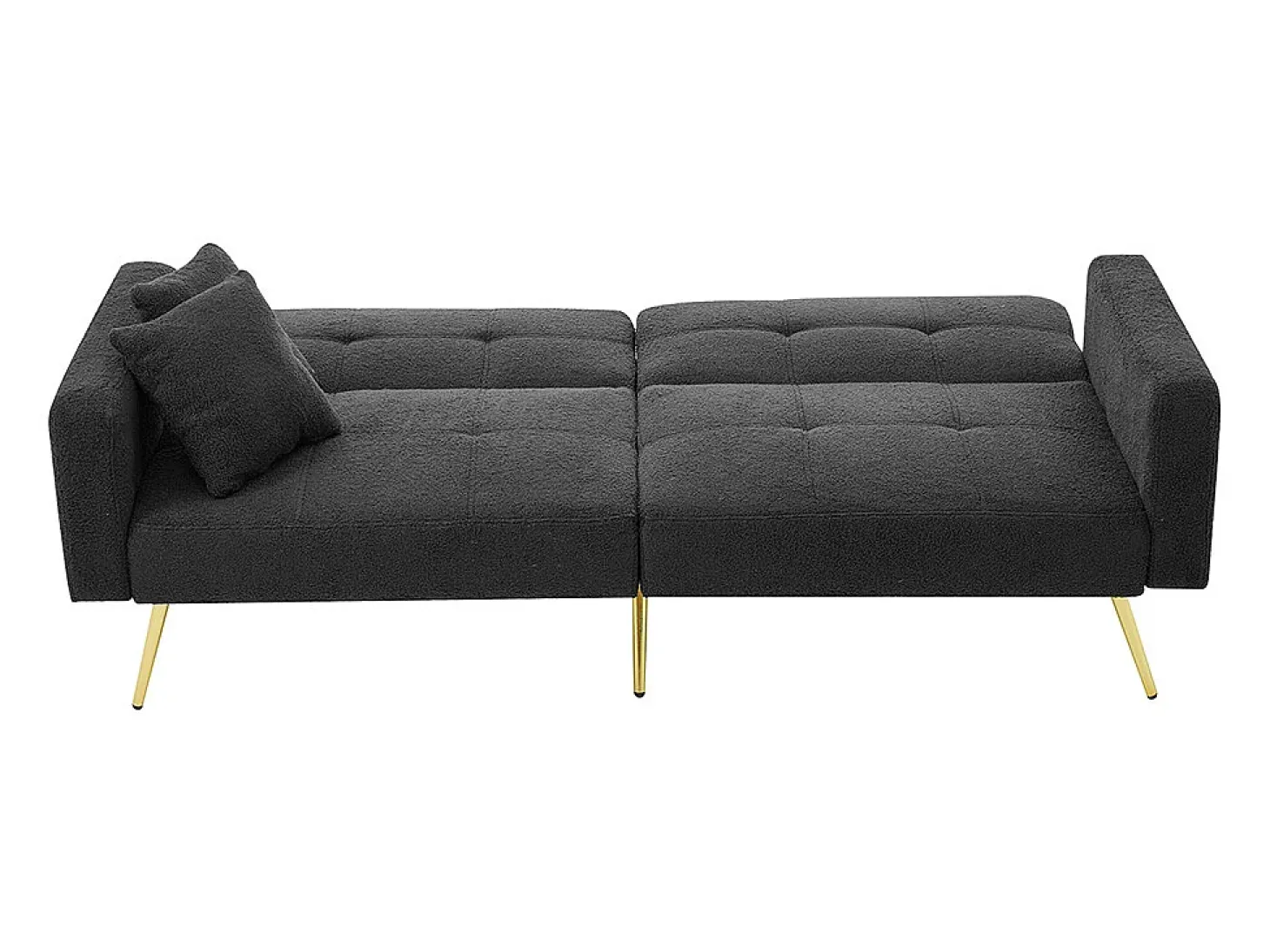 Sofá-cama com função de cama, ângulo regulável, pés dourados, com almofadas e bolsas de arrumação laterais