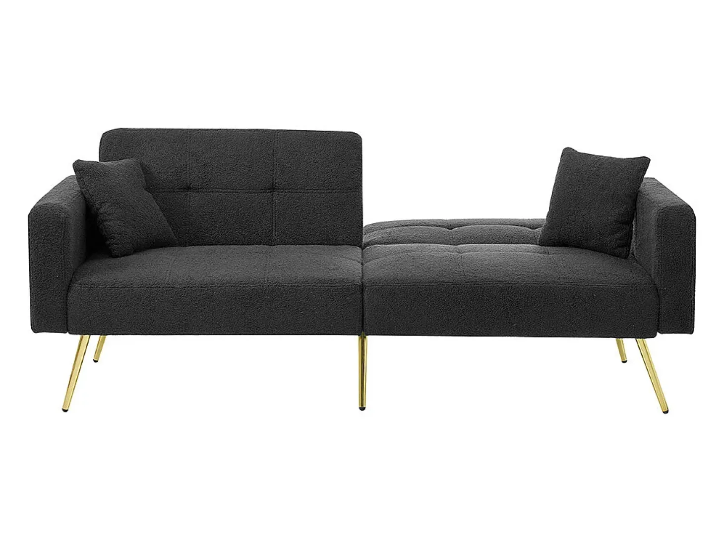 Sofá-cama com função de cama, ângulo regulável, pés dourados, com almofadas e bolsas de arrumação laterais