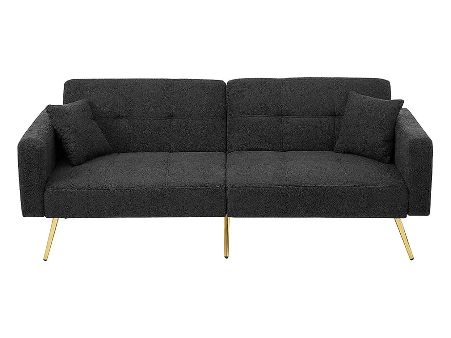 Sofá-cama com função de cama, ângulo regulável, pés dourados, com almofadas e bolsas de arrumação laterais
